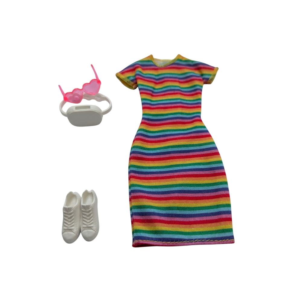 Fashionistas #166 Barbie Doll Outfit Rainbow-Striped Dress White Sneakers GRB94